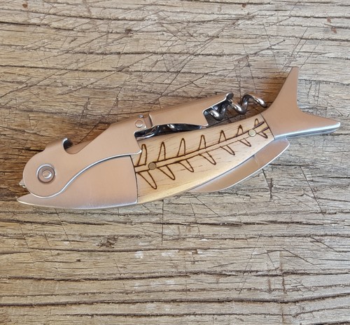 Stainless & oak double hinged fish corkscrew